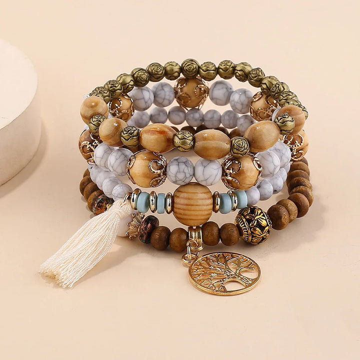 4Pcs/Set Boho Wooden Beaded Bracelet Set For Women Tree Of Life White Tassels Charm Elastic Chain Bangle Lady Bohemia