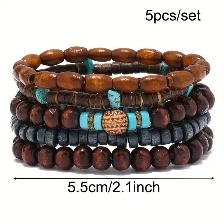 5pcs/set Natural Stone Wood Beads Beaded Bracelet Men’s Chinese Style Charm Bracelet - 20cm / 5PCs