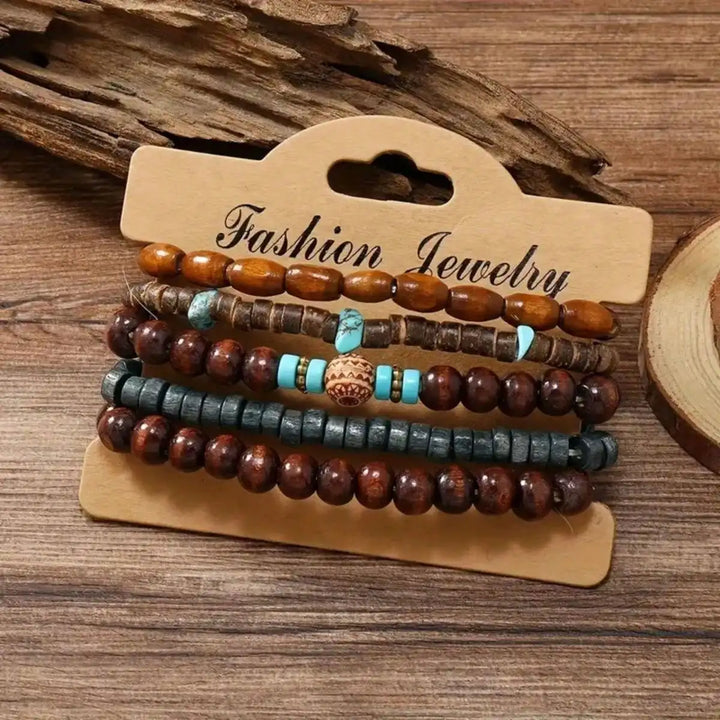 5pcs/set Natural Stone Wood Beads Beaded Bracelet Men’s Chinese Style Charm Bracelet - 20cm / 5PCs