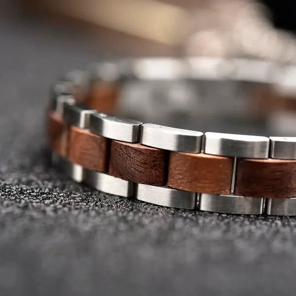 Bracelet en Bois et Acier Inoxydable Ajustable pour Femmes et Hommes (boîte fournie) - bracelet en bois