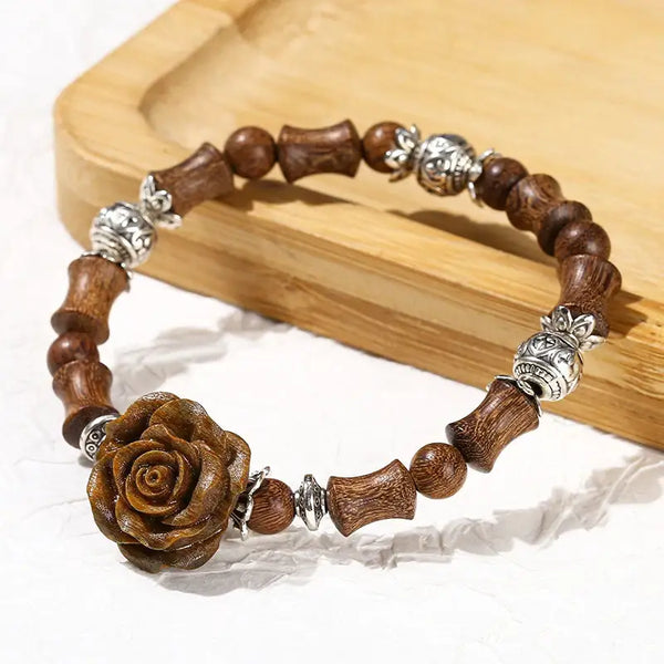 Change Better Natural Wooden Golden Silk Sandalwood Bamboo Carved Camellia Flower Bracelet Women Vintage Handmade Charm Jewelry - Bracelet-en-bois.com