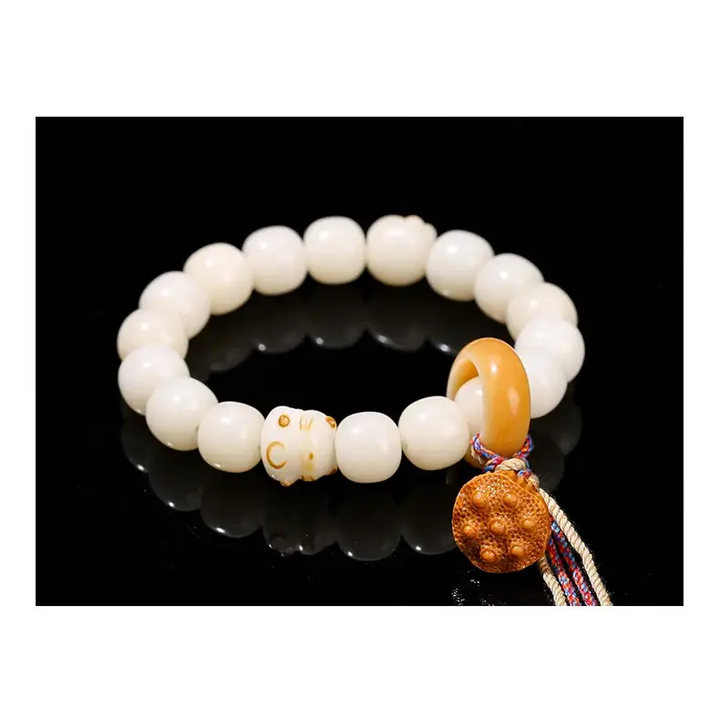 Bracelet en Bois Naturel avec Perles Anneau avec Tête de Lion pour Femme - Bracelet-en-bois.com