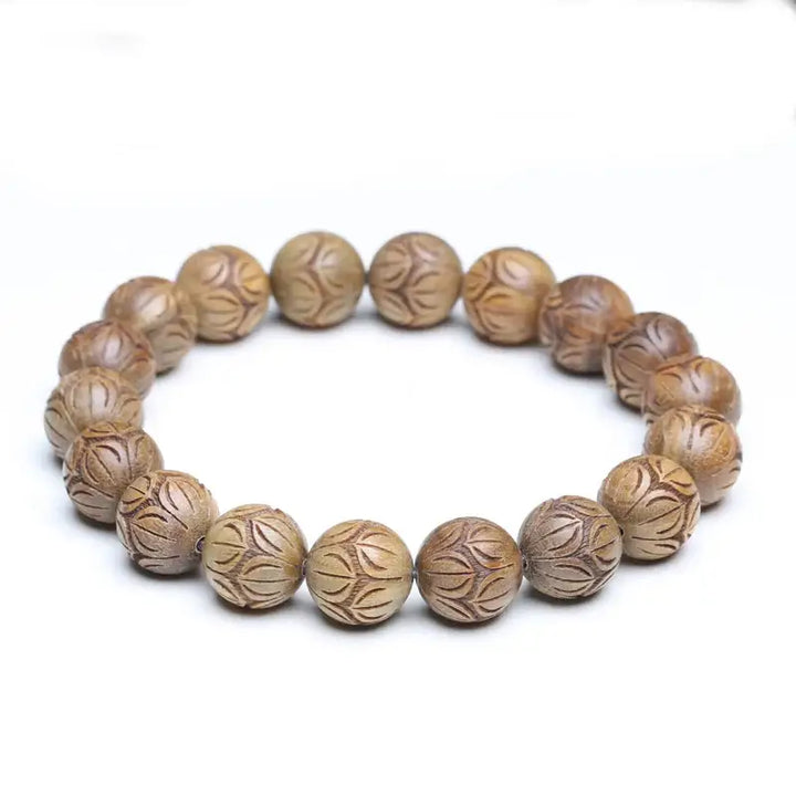 Bracelet en Bois de Santal Naturel Perles Sculptées en Forme de Lotus 12mm - Bracelet-en-bois.com