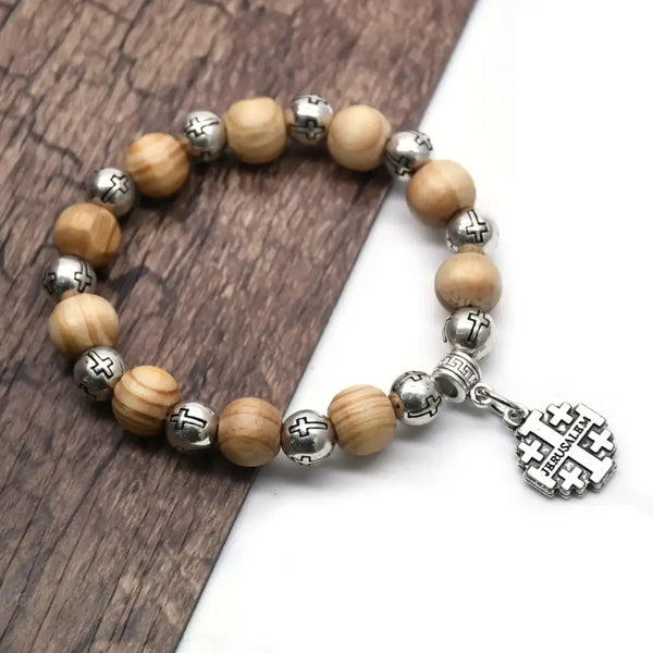 Bracelet Chapelet en Perles de Bois avec Croix et Sainte Vierge - bracelet en bois