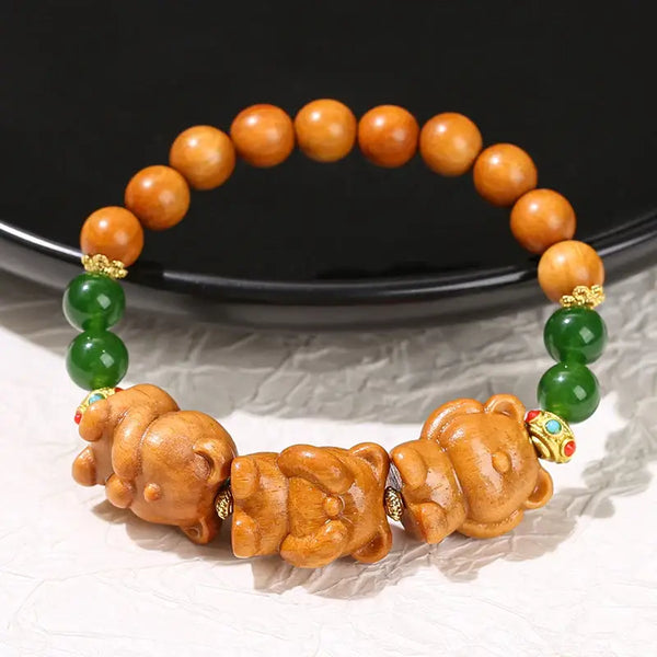 Bracelet Chinois en Bois de Santal Naturel Trois Chats Mignons pour Femmes - bracelet en bois