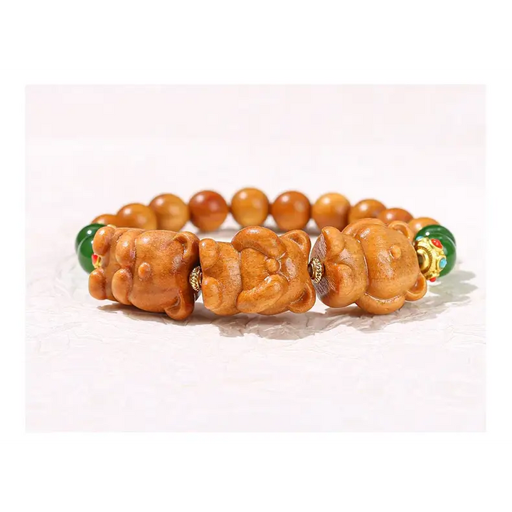 Bracelet Chinois en Bois de Santal Naturel Trois Chats Mignons pour Femmes - bracelet en bois