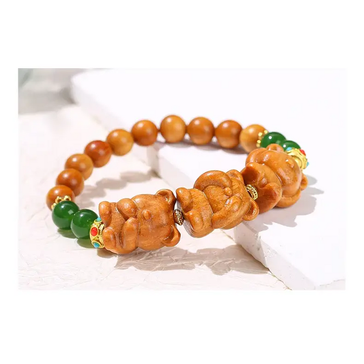 Bracelet Chinois en Bois de Santal Naturel Trois Chats Mignons pour Femmes - bracelet en bois