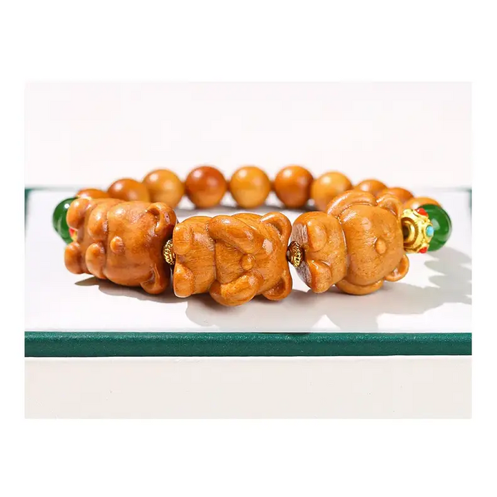 Bracelet Chinois en Bois de Santal Naturel Trois Chats Mignons pour Femmes - bracelet en bois