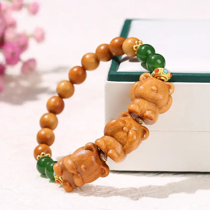 Bracelet Chinois en Bois de Santal Naturel Trois Chats Mignons pour Femmes - bracelet en bois