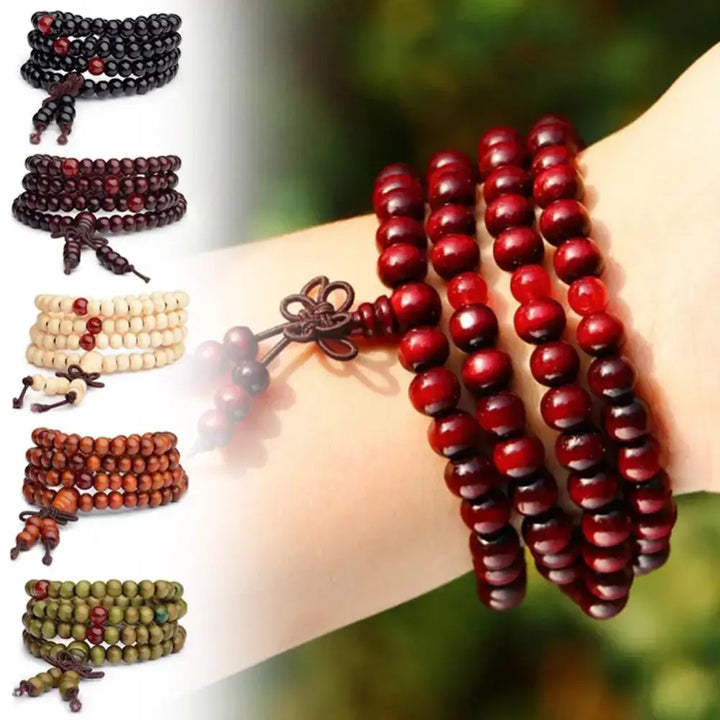 Bracelet-Collier Multicouche en Bois Rouge  avec Petites Feuilles - Bracelet-en-bois.com