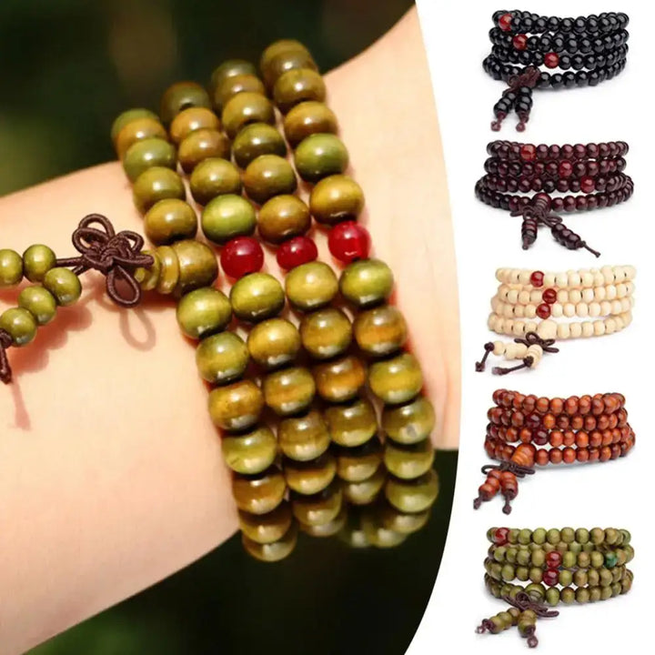 Bracelet-Collier Multicouche en Bois Rouge  avec Petites Feuilles - Bracelet-en-bois.com