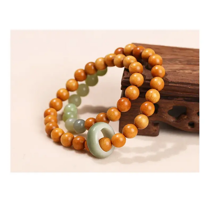 Bracelet Double Couches en Perles de Bois Vintage avec Anneau - Bracelet-en-bois.com