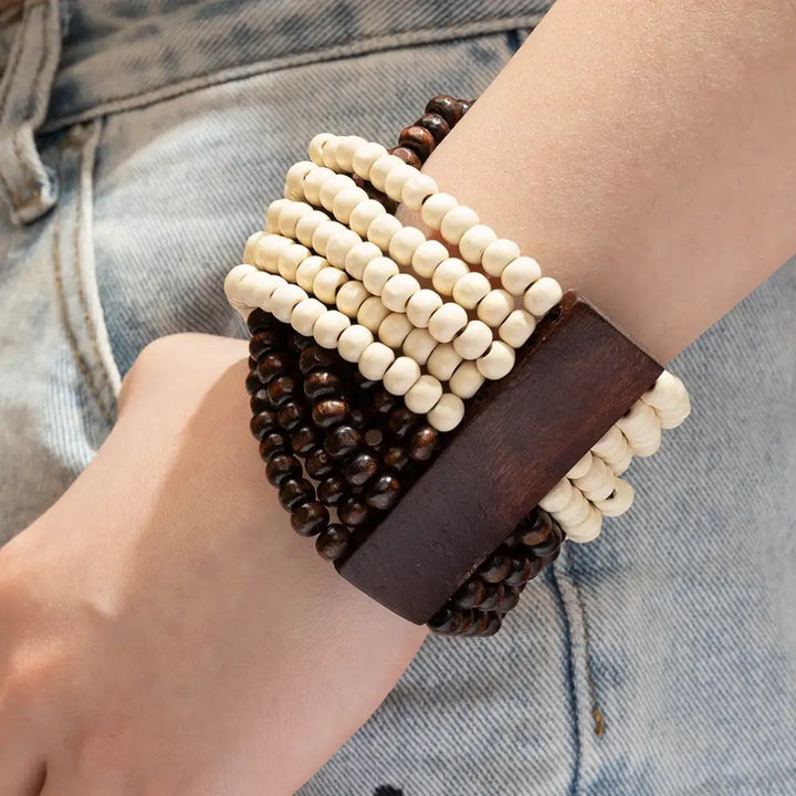 Bracelet Hiphop Multicouche Croisé et Perles en Bois pour Femmes - Bracelet-en-bois.com