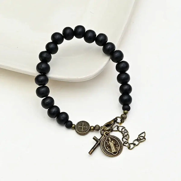 Bracelet en Perles de Bois Noires avec Croix et Saint Benoît pour Hommes et Femmes - bracelet en bois