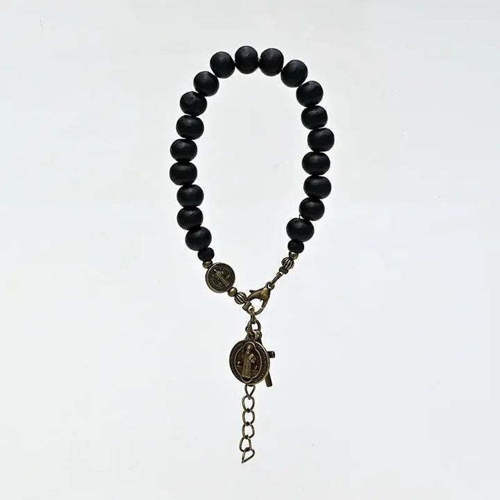 Bracelet en Perles de Bois Noires avec Croix et Saint Benoît pour Hommes et Femmes - bracelet en bois