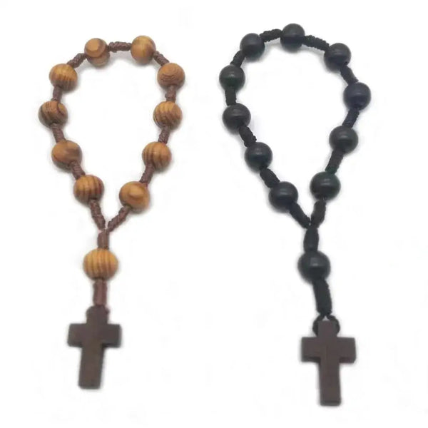 Bracelet de Prière en Perles de Bois Vintage avec Pendentif Croix en Bois - bracelet en bois