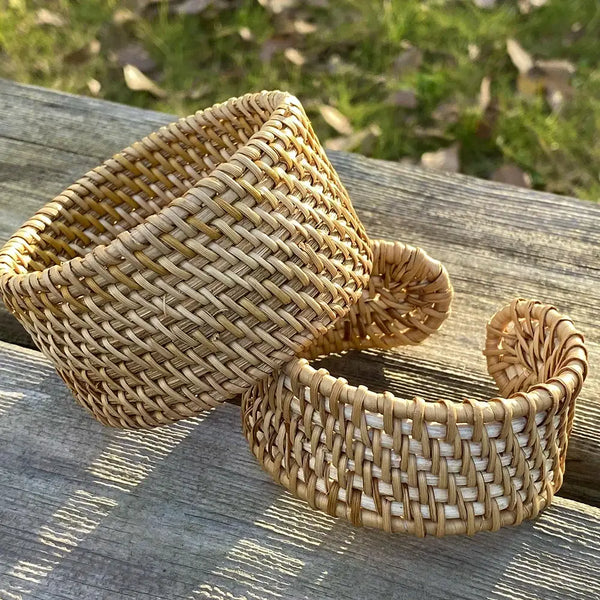 Bracelet Tressé à la Main en Bois de Rotin Brun pour Femmes - bracelet en bois