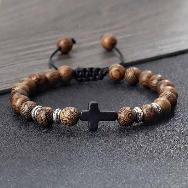 Bracelet Tressé en Bois et Pierres Naturelles avec Sainte Croix - Bracelet-en-bois.com