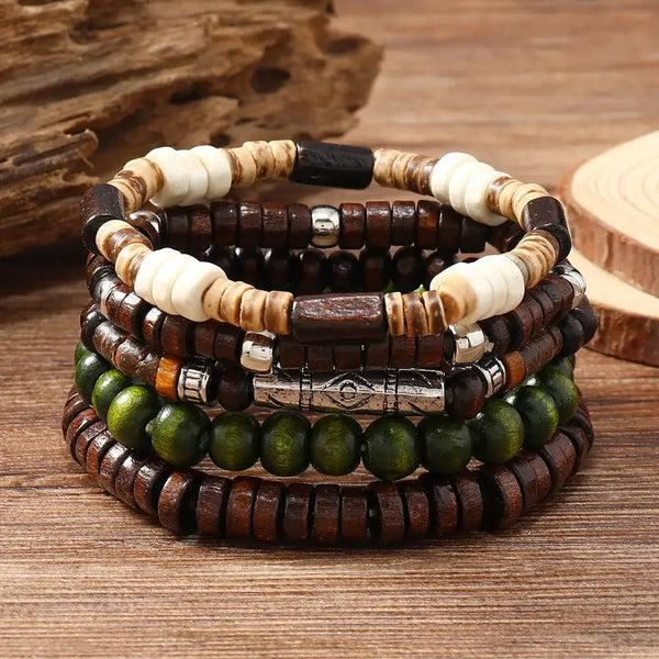 Bracelet Vintage pour Hommes en Bois et Coquille de Noix de Coco - bracelet en bois