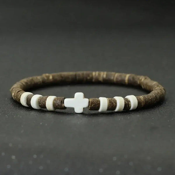 Bracelet Vintage pour Hommes en Bois et Perles de Noix de Coco avec Croix en Howlite Blanche pour Hommes - bracelet