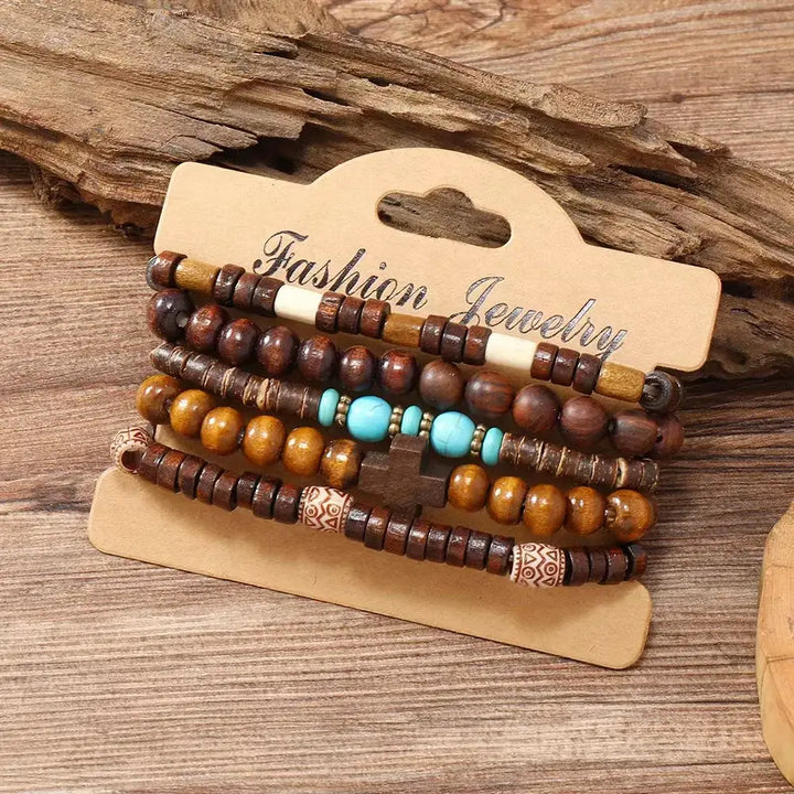 Ensemble de 5 Bracelets Vintage en Bronze avec Croix Arbre de Vie et Perles en Bois - bracelet en bois